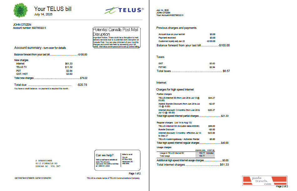 Canada Telus utility bill template in Word and PDF formats, 2 pages